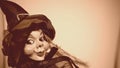 Puppet for the epiphany of a young witch with look to the right and blue clothes Royalty Free Stock Photo
