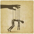 Puppet marionette on ropes on vintage background. Chronic fatigue syndrome concept