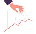 Puppet master controlling chart. Business speculate graph, control finance indicators and marketing. Hand manipulates