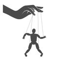 Puppet master hand manipulates a puppet hanging on strings, puppeteer, man being controlled by woman, henpecked