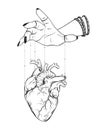 Puppet masters hand controls human heart isolated. Sticker, print or blackwork tattoo hand drawn vector illustration