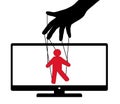 Puppet play TV puppet. Puppet theater audience deception. Vector illustration