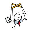 Puppet puppet in financial theater hanging on strings. Vector illustration of weak-willed businessman, weak stickman