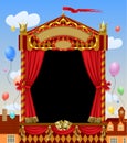 Puppet show booth with theater masks, red curtain, illuminated s