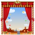 Puppet show booth with theater masks, red curtain Royalty Free Stock Photo