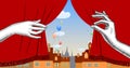 Puppet show booth with theater masks, red curtain Royalty Free Stock Photo