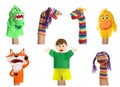 Puppet show. Collage with photos of different dolls on hands against white background Royalty Free Stock Photo