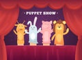 Puppet show. Red curtains theatre performance for kids stage with socks toys for hands cartoon background Royalty Free Stock Photo