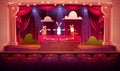 Puppet show on theater stage with red curtains