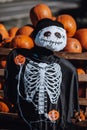 Puppet in spooky costume with heap of pumpkin in background at halloween