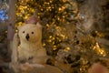 Puppet white bears sit in a fairy snowy forest. Christmas installation Royalty Free Stock Photo