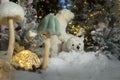 Puppet white bears sit in a fairy snowy forest. Christmas installation Royalty Free Stock Photo