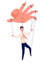 Puppeteer hand controlling puppet. Business man or worker being controlled by puppet master. Manipulates man like puppet