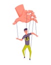 Puppeteer hand controlling puppet. Business man or worker being controlled by puppet master. Manipulates a man like a