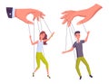 Puppeteer hands controlling puppets, manipulator concept. Worker being controlled by puppet master. Manipulates peopl
