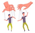 Puppeteer hands controlling puppets, manipulator concept. Worker being controlled by puppet master. Manipulates peopl