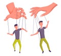 Puppeteer hands controlling puppets, manipulator concept. Worker being controlled by puppet master. Manipulates peopl Royalty Free Stock Photo