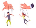 Puppeteer hands controlling puppets, manipulator concept. Worker being controlled by puppet master. Manipulates peopl
