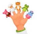 Puppets are on fingers of puppeteer. Doll animals piglet sheep tiger frog hippo for children theatre