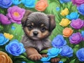 cute baby puppy in the flower garden and looking around Royalty Free Stock Photo