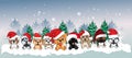 9 puppies of different breeds in red hats with white pompons on the background of the winter landscape.