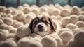 puppies in the room A snoozing puppy with a comical sleep mask, lying on a bed of oversized marshmallows,