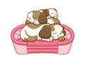 Three brown puppies sleeping on top of each other on a dog bed. Vector cartoon illustration. Royalty Free Stock Photo