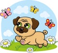Cute puppy running after butterflies, cute pug, butterflies, flowers, grass - vector image Royalty Free Stock Photo