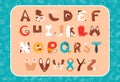 Puppy alphabet. Letters with dog muzzles, paws, toys and care items. Bright funny cartoon style vector illustration. For