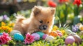 Puppy Amongst Colorful Easter Eggs in Garden