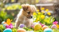 Puppy Amongst Colorful Easter Eggs in Garden