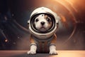 Puppy astronaut in a space suit. Little dog with black eyes, a lovely, sweet animal, small nose. Colorful. Photo