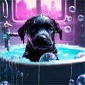 Puppy, bath and bubbly bliss for adorable cleanliness and joyful pampering.