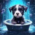 Puppy, bath and bubbly bliss for adorable cleanliness and joyful pampering.