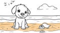Cute Puppy Sitting on Beach Sand, Ocean Background, Cartoon Style Royalty Free Stock Photo