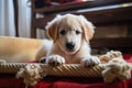 a puppy bed with bone-shaped toy and chew rope