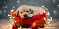 Puppy in a Christmas basket. Generative AI