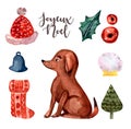 Puppy, dog, Brown watercolor and set Merry Christmas Royalty Free Stock Photo