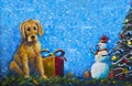 Puppy dog with gift box original painting. Merry snowman in red caps and Christmas tree