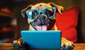 Puppy dog wearing blue rim glasses in front of a laptop. Generative Ai