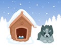 Puppy and doghouse. Dog sitting near his snowing house. Winter forest. cartoon animal character. Vector illustration. Royalty Free Stock Photo