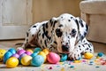 puppy covered in colorful paint, with a mischievous expression as if he just painted some Easter eggs, Generative AI