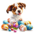 Puppy and easter eggs isolated on transparent background.