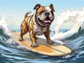 puppy english bulldog playing with a surfboard on the sea, paint, illustration Royalty Free Stock Photo