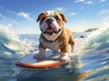 puppy english bulldog playing with a surfboard on the sea, paint, illustration Royalty Free Stock Photo