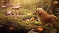 Puppy explores a magical garden