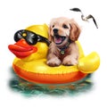 Puppy floats on an inflatable duck watercolor drawing Royalty Free Stock Photo