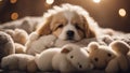 puppy floor A slumbering puppy wrapped in a fluffy cloud blanket, surrounded by a circle of sleeping stuffed animals Royalty Free Stock Photo