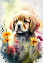 Puppy with flowers. Watercolor outdoor portrait.