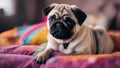 puppy forlorn pug puppy with big, soulful eyes, sitting amidst a pile of soft, colorful pillows,